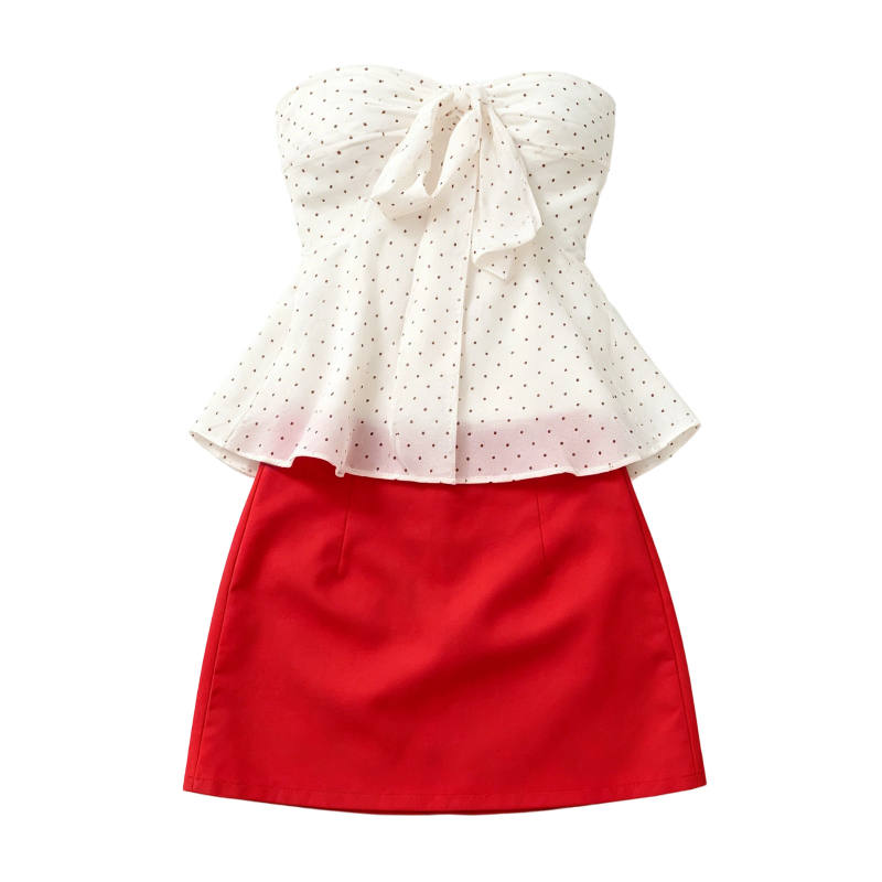 CPAURA Two Piece Skirt Sets Women's Strapless Top Moderate Short Skirt