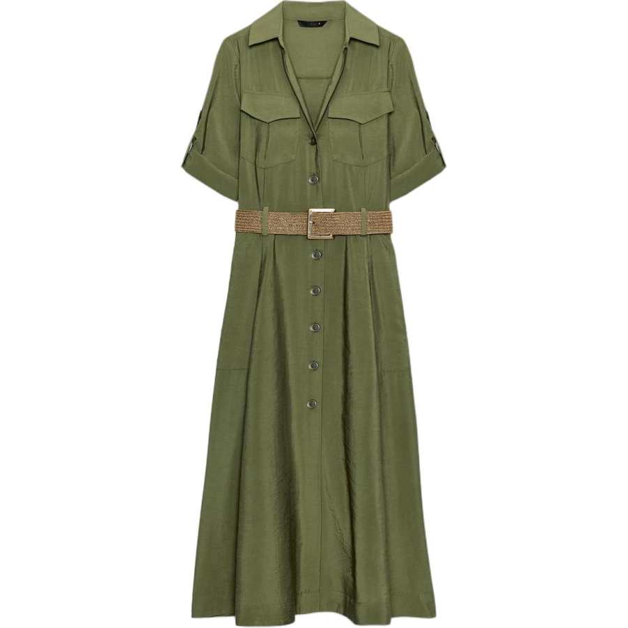 ZARA Short Sleeved Dresses Women's Khaki Lapel Moderate Long Skirt