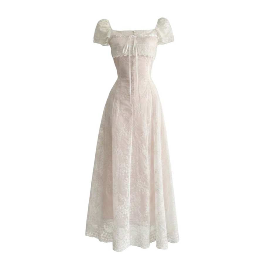 FINDSME GAGA Short Sleeved Dresses Women's Pink Square Collar Thin Long Skirt A Line Skirt