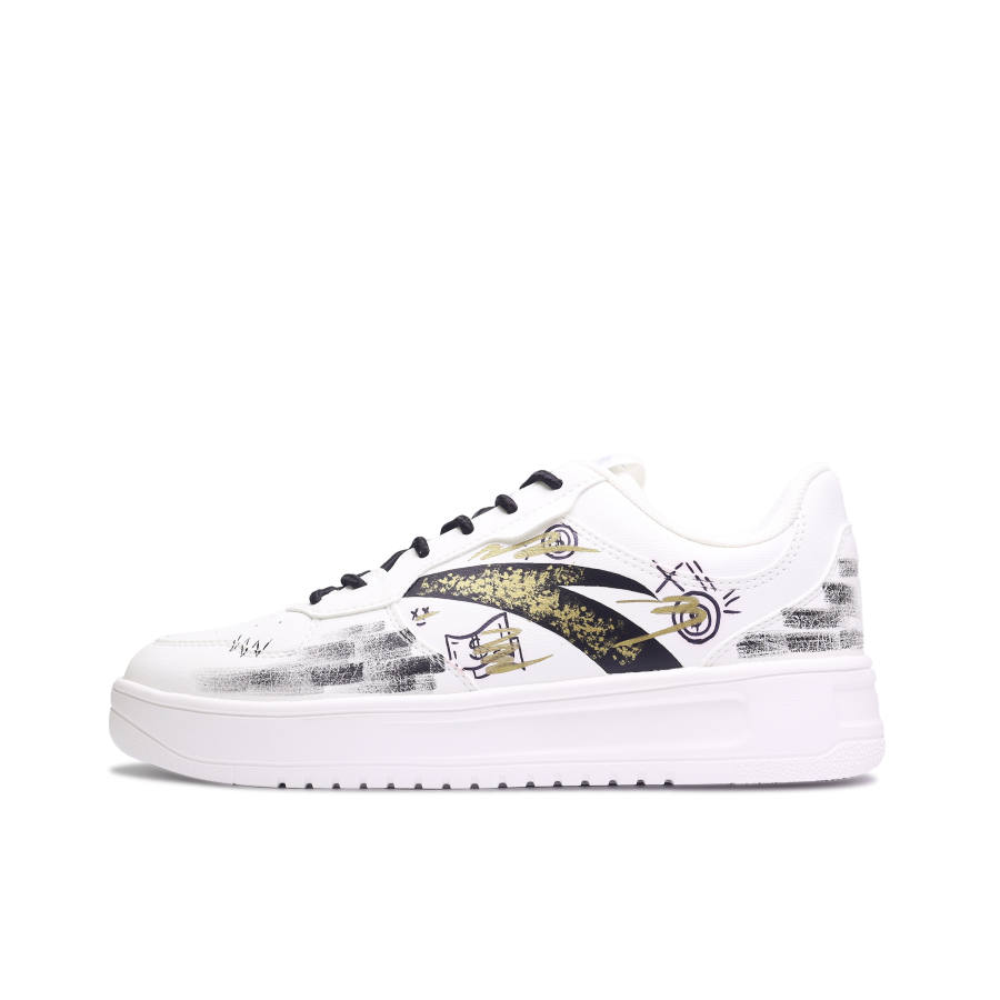 ANTA Easy Skateboard Shoes Men's Low Top White Black Gold Graffiti Colorway