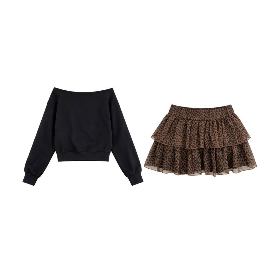 CPAURA Two Piece Skirt Sets Women's Asymmetrical Collar Moderate Short Skirt