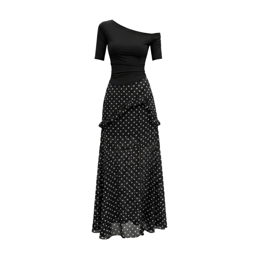FINDSME GAGA Two Piece Skirt Sets Women's Asymmetrical Collar Moderate Long Skirt