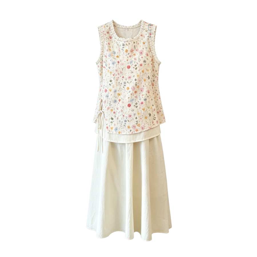 Sugarfunk Two Piece Skirt Sets Women's Lettuce Edge Collar Thin Long Skirt