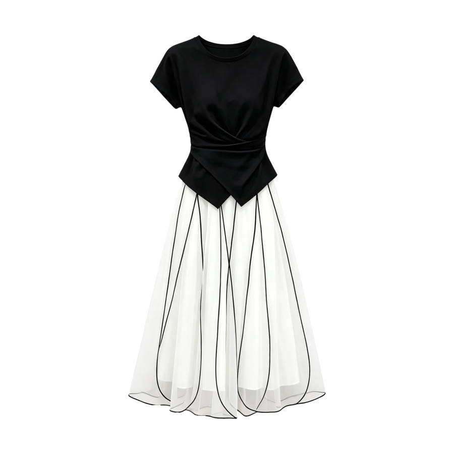 TUSHIFEI Two Piece Skirt Sets Women's Crew Neck Moderate Midi Skirt