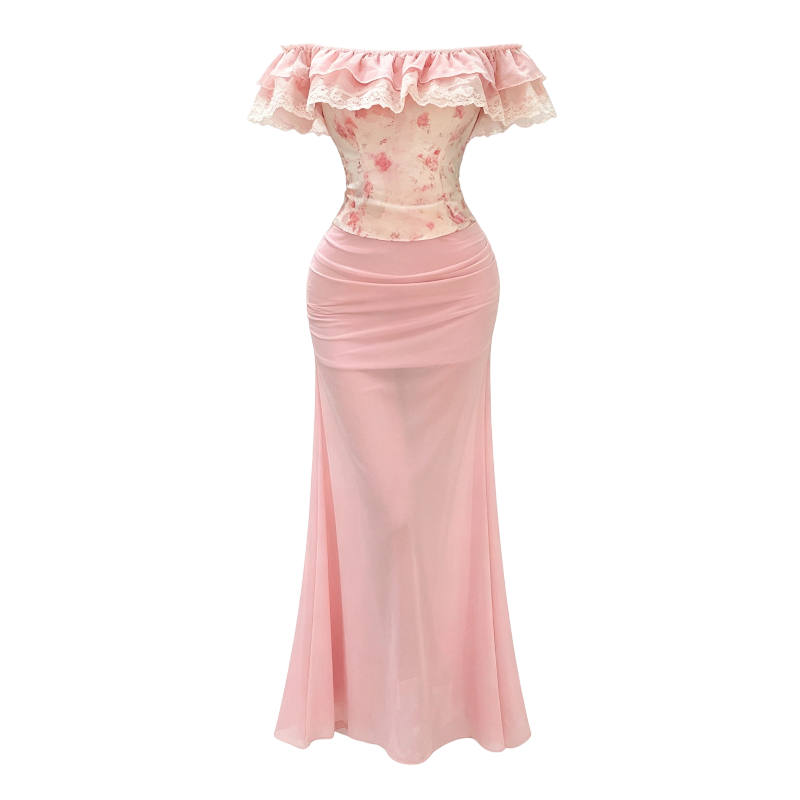 CPAURA Two Piece Skirt Sets Women's Boat Neck Moderate Long Skirt