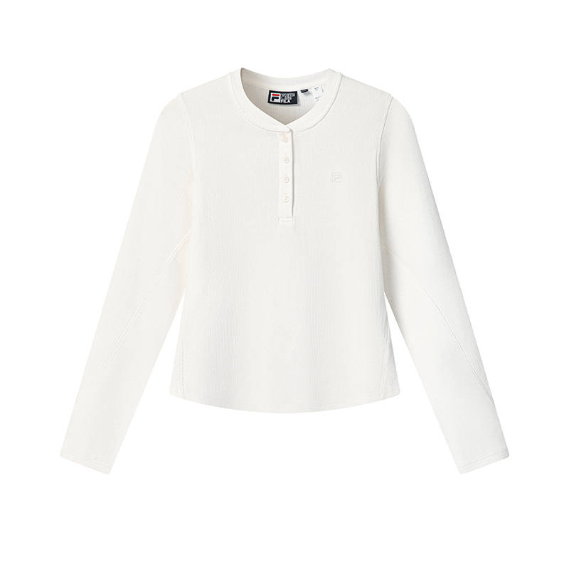 FILA WHITE T Shirts Women's Cloud White Henry Collar Moderate Nipped In Waist