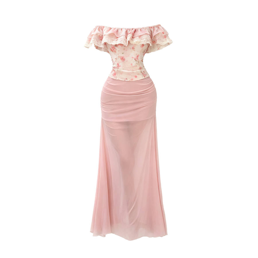 TUSHIFEI Two Piece Skirt Sets Women's Boat Neck Moderate Long Skirt