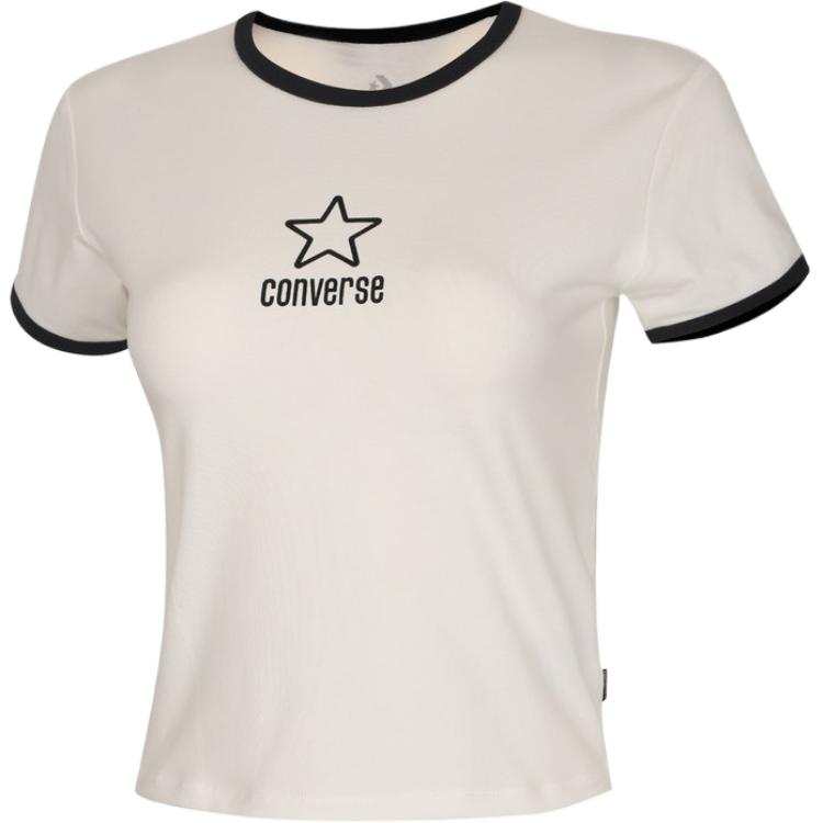 Converse T Shirts Women's Ecru/Black Crew Neck Moderate Straight Fit