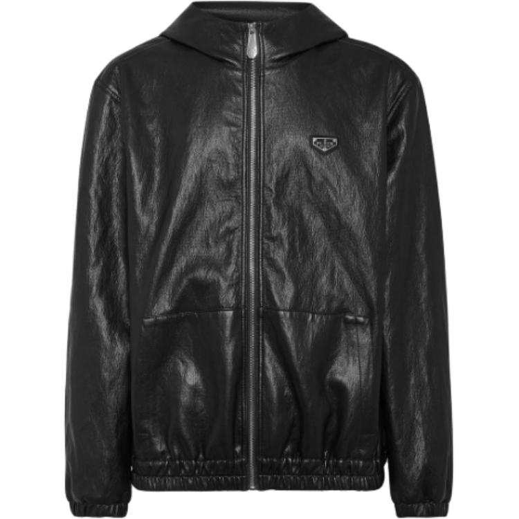 PHILIPP PLEIN Leather Jackets Men's Black Hooded Non Detachable Moderate