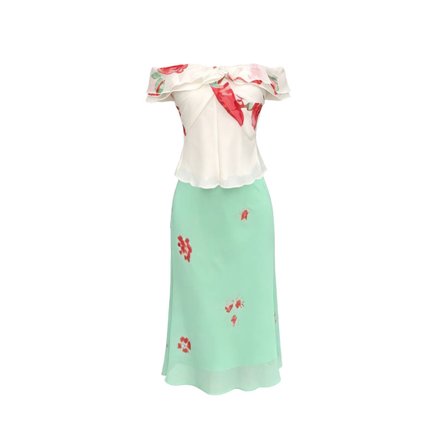 TUSHIFEI Two Piece Skirt Sets Women's V Neck Moderate Midi Skirt
