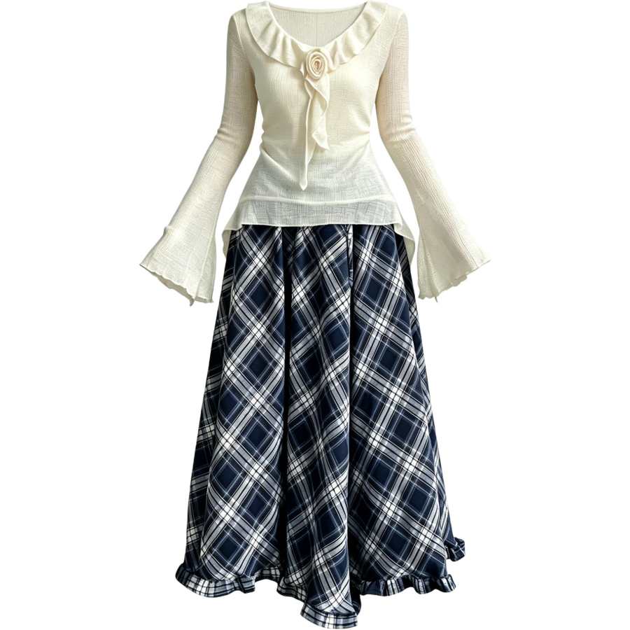 CHARM GLOW Two Piece Skirt Sets Women's V Neck Moderate Long Skirt