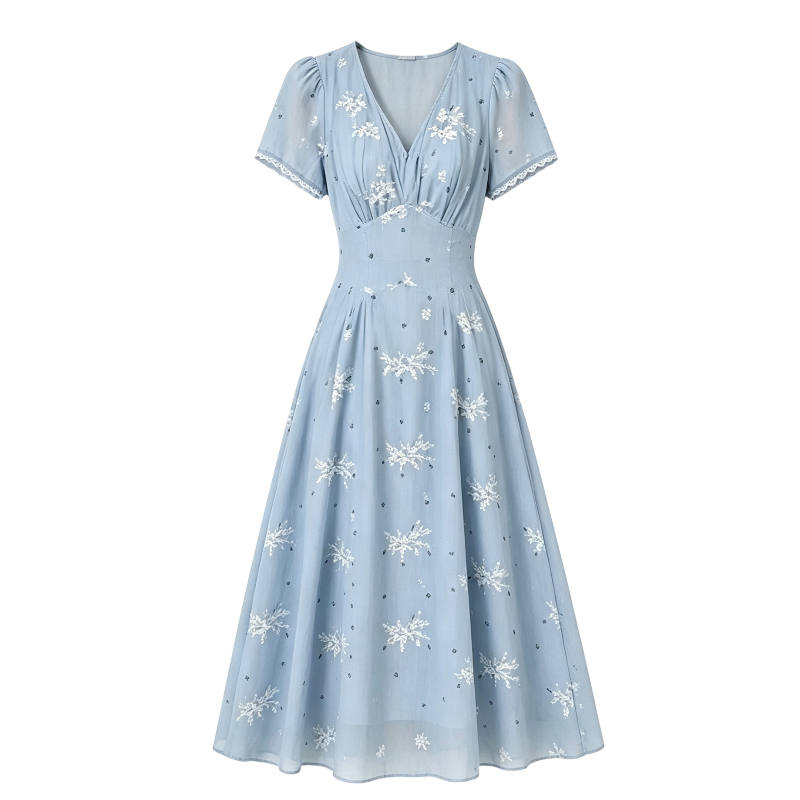 CPAURA Short Sleeved Dresses Women's Blue V Neck Moderate Long Skirt A Line Skirt