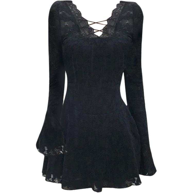 CHARM GLOW Long Sleeved Dresses Women's Black V Neck Moderate Short Skirt A Line Skirt