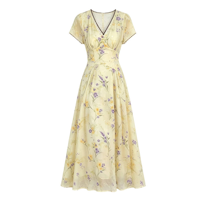 CPAURA Short Sleeved Dresses Women's Yellow V Neck Moderate Long Skirt A Line Skirt