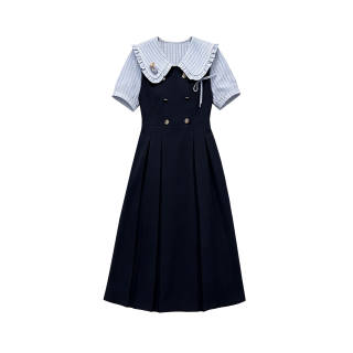 TUSHIFEI Short Sleeved Dresses Women's Navy Blue & Blue Peter Pan Collar Moderate Midi Skirt Pleated Skirt
