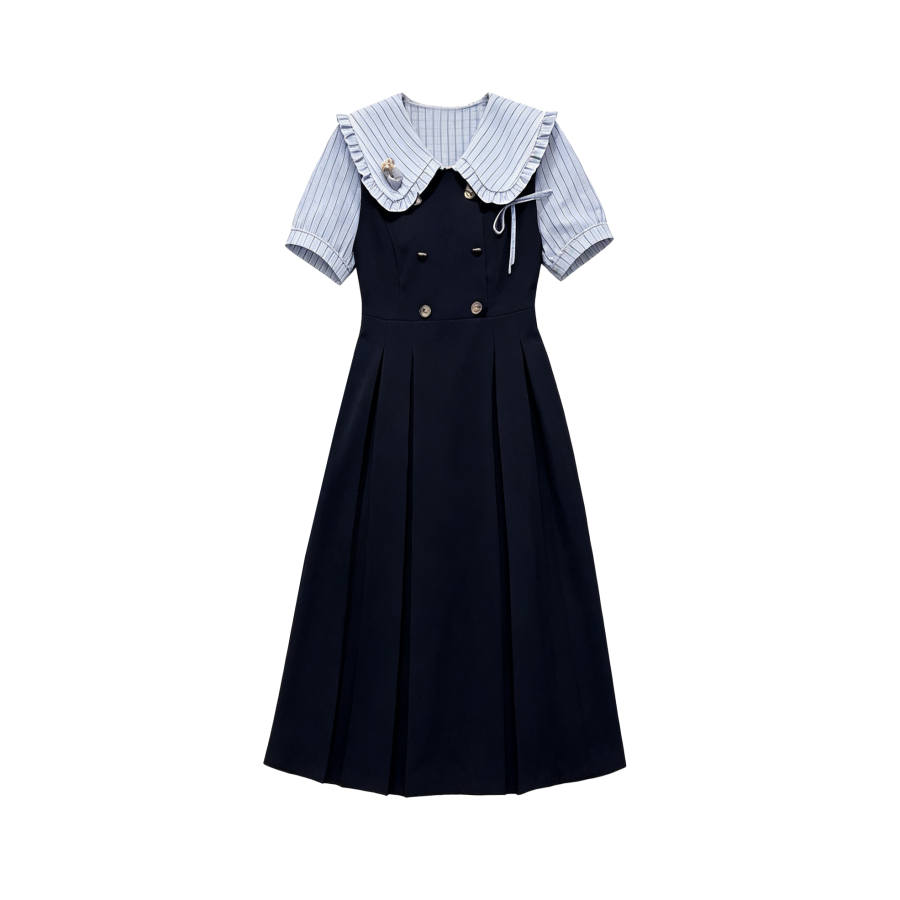 TUSHIFEI Short Sleeved Dresses Women's Navy Blue & Blue Peter Pan Collar Moderate Midi Skirt Pleated Skirt