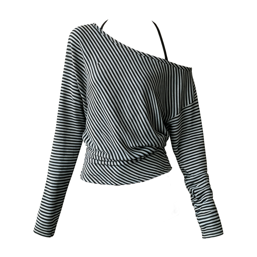 FINDSME GAGA T Shirts Women's Black Gray Stripes Top+Camisole Boat Neck Thin Nipped In Waist