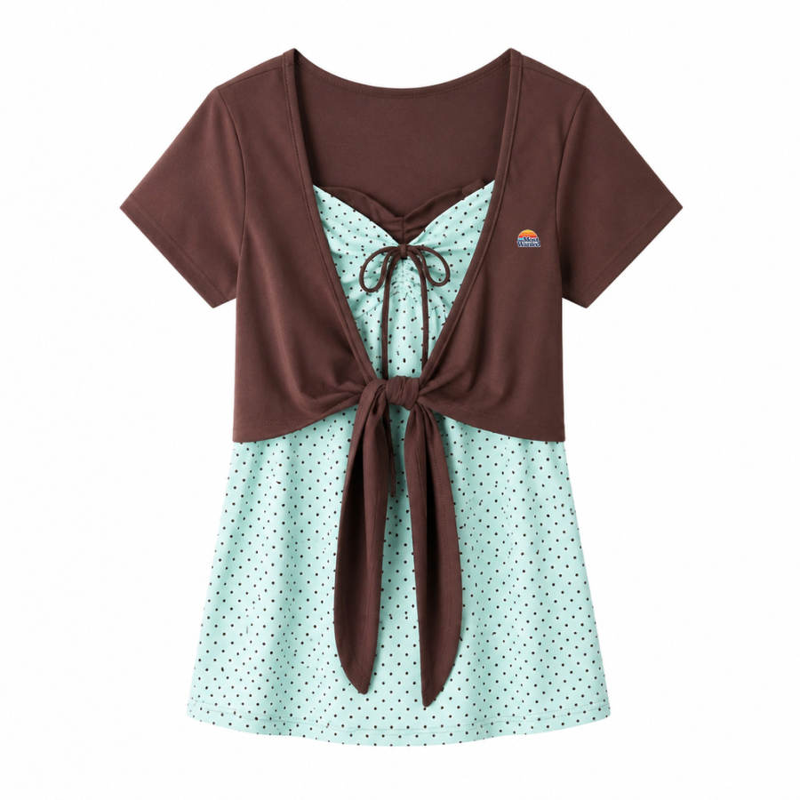 MostwantedLab T Shirts Women's Brown & Light Green & Polka Dot Camisole Thin A Line
