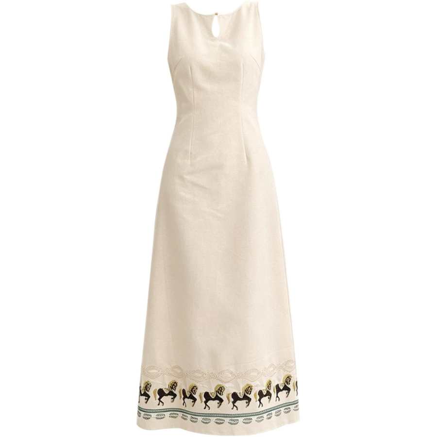 CHARM GLOW Sleeveless Dresses Women's Apricot Crew Neck Moderate Long Skirt A Line Skirt