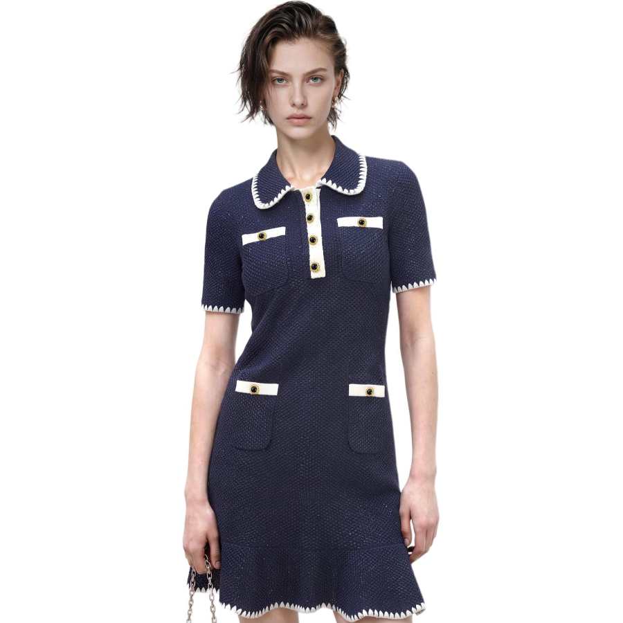 KARL LAGERFELD / Karl Lagerfeld Jeans Short Sleeved Dresses Women's Navy Blue Lapel Moderate Short Skirt