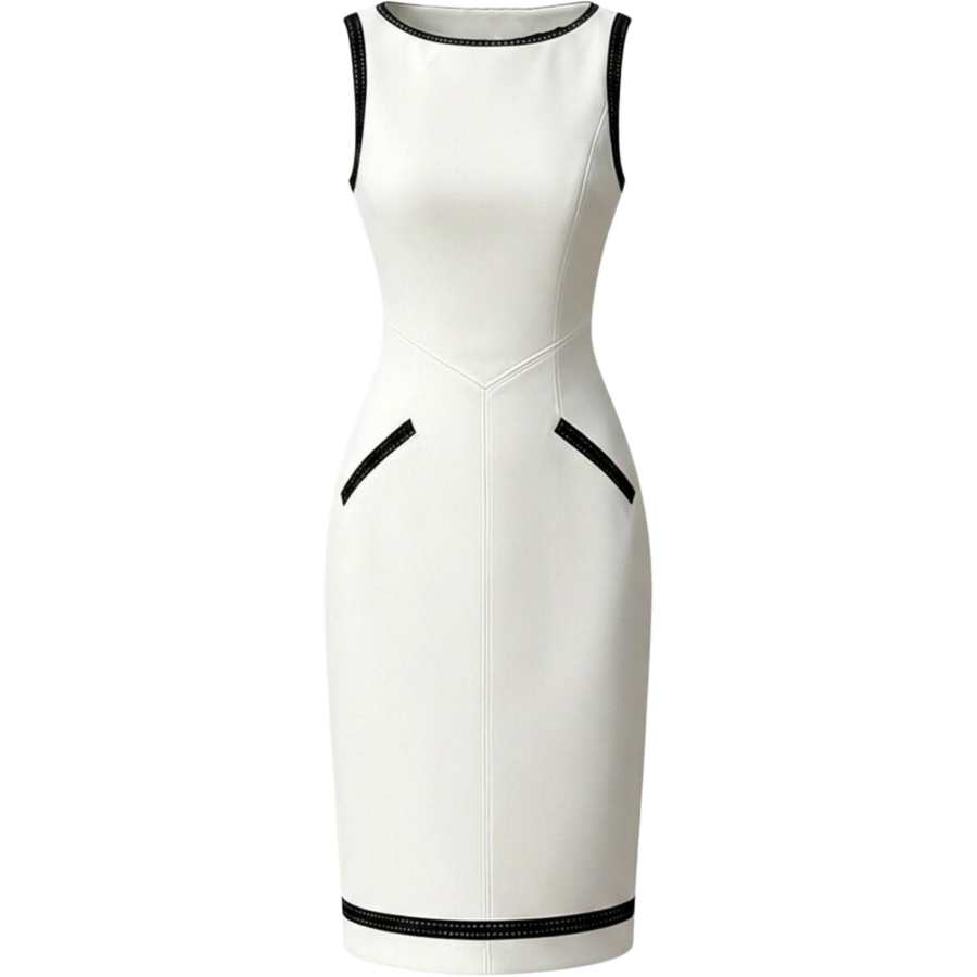 CHARM GLOW Sleeveless Dresses Women's White Crew Neck Moderate Midi Dress Bodycon Skirt