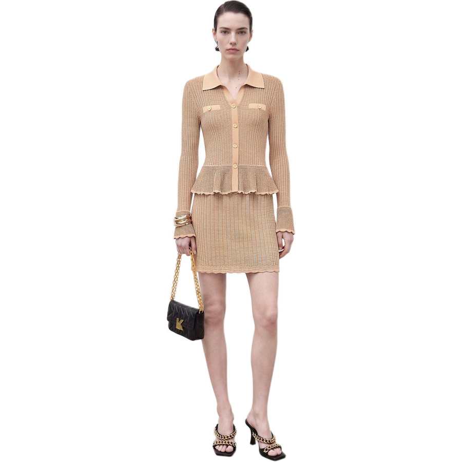 KARL LAGERFELD / Karl Lagerfeld Jeans Long Sleeved Dresses Women's Light Coffee Lapel Moderate Short Skirt