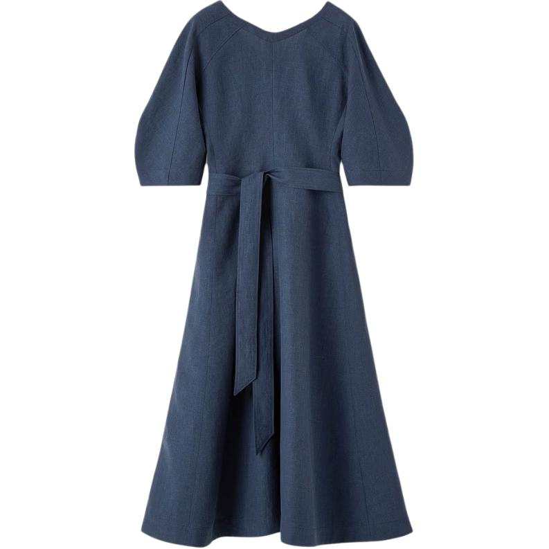 Loro Piana Short Sleeved Dresses Women's Deep Sea Blue V Neck Moderate Midi Skirt A Line Skirt