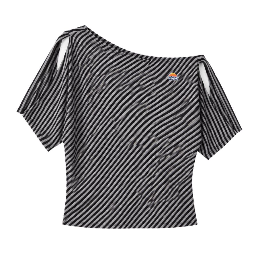 MostwantedLab T Shirts Women's Black Gray Stripes Asymmetrical Collar Thin Other