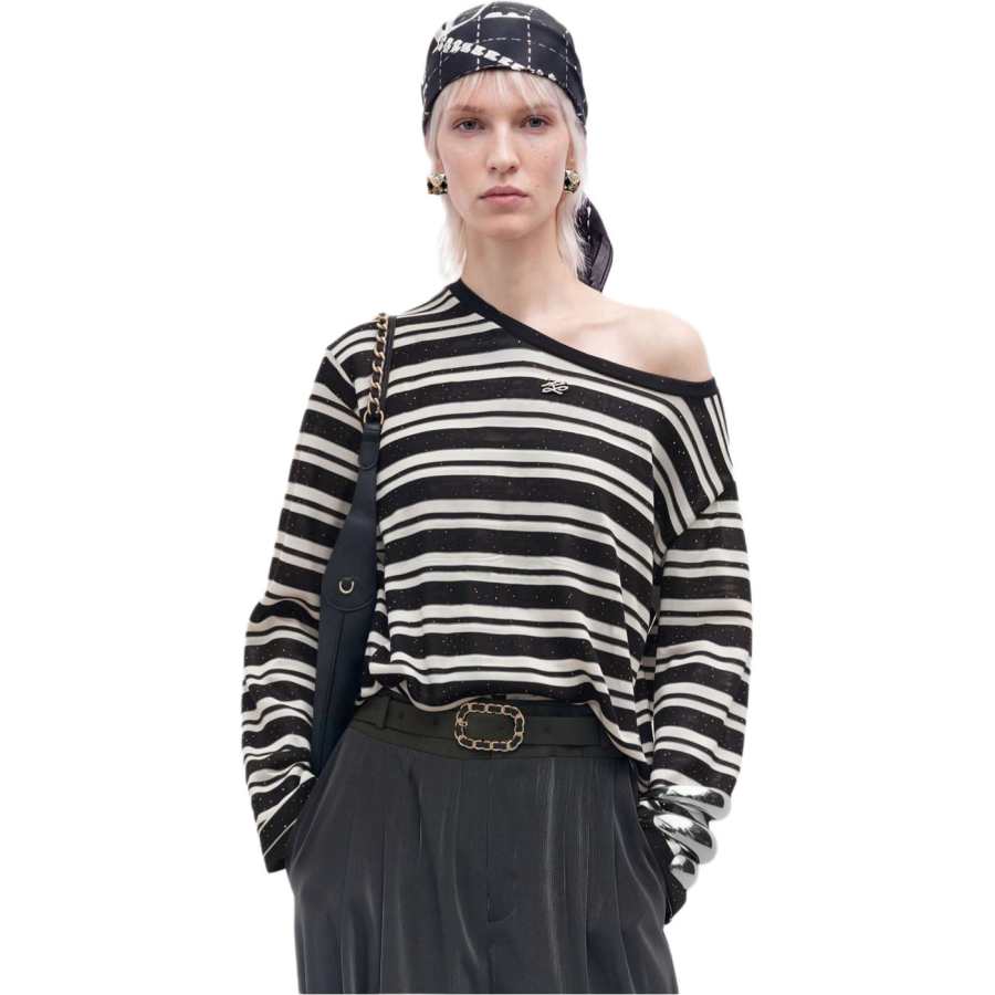 KARL LAGERFELD / Karl Lagerfeld Jeans Knitwear Women's Black Stripes Crew Neck Moderate