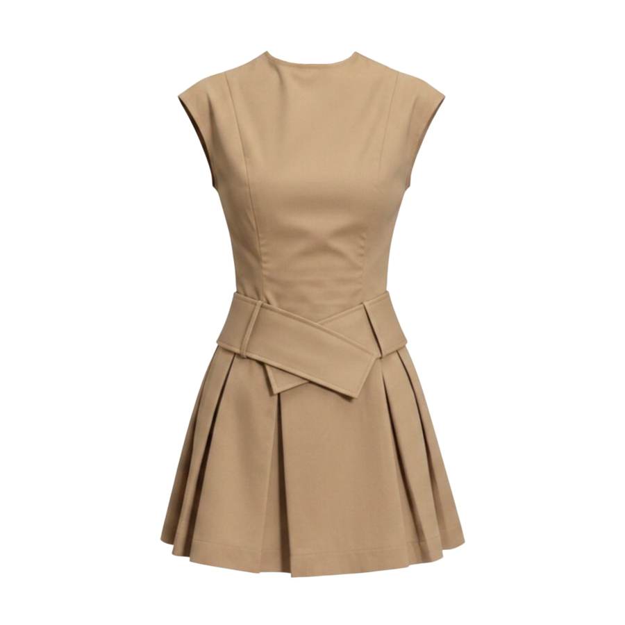 FINDSME GAGA Sleeveless Dresses Women's Khaki Crew Neck Moderate Short Skirt Pleated Skirt