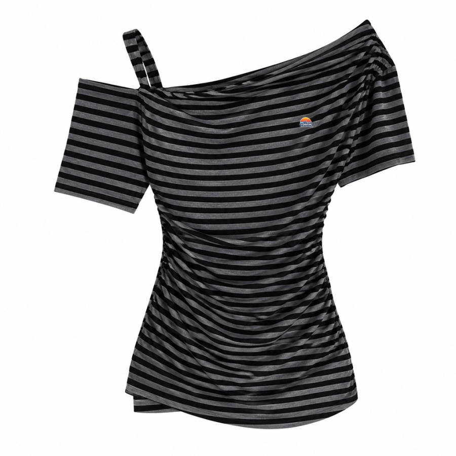 MostwantedLab T Shirts Women's Black Gray Stripes Boat Neck Thin Nipped In Waist