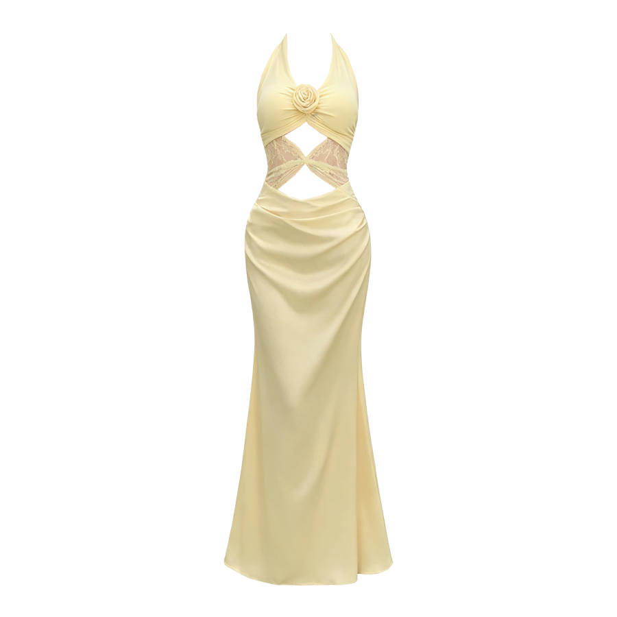 CPAURA Sleeveless Dresses Women's Yellow Halter Moderate Long Skirt A Line Skirt