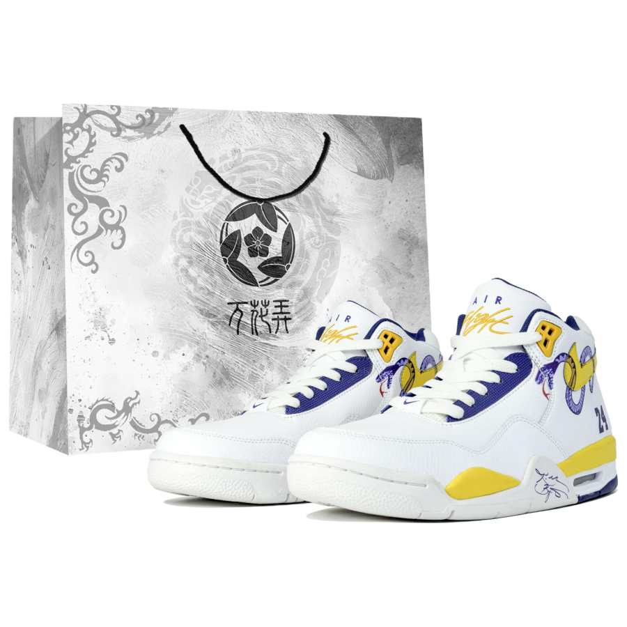 Nike Nike Flight Legacy Kaleidoscope, Purple Gold Black Mamba, Box Mid top Vintage Basketball Shoes Men's Yellow White
