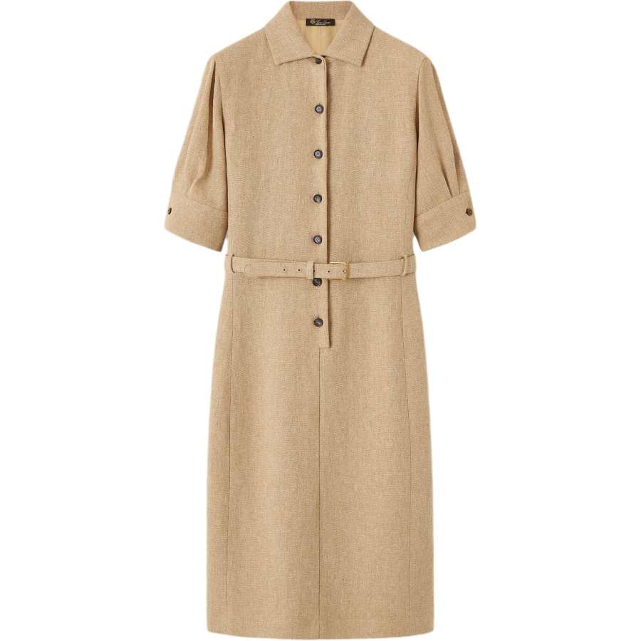 Loro Piana Short Sleeved Dresses Women's Light Brown Lapel Moderate Midi Skirt Other
