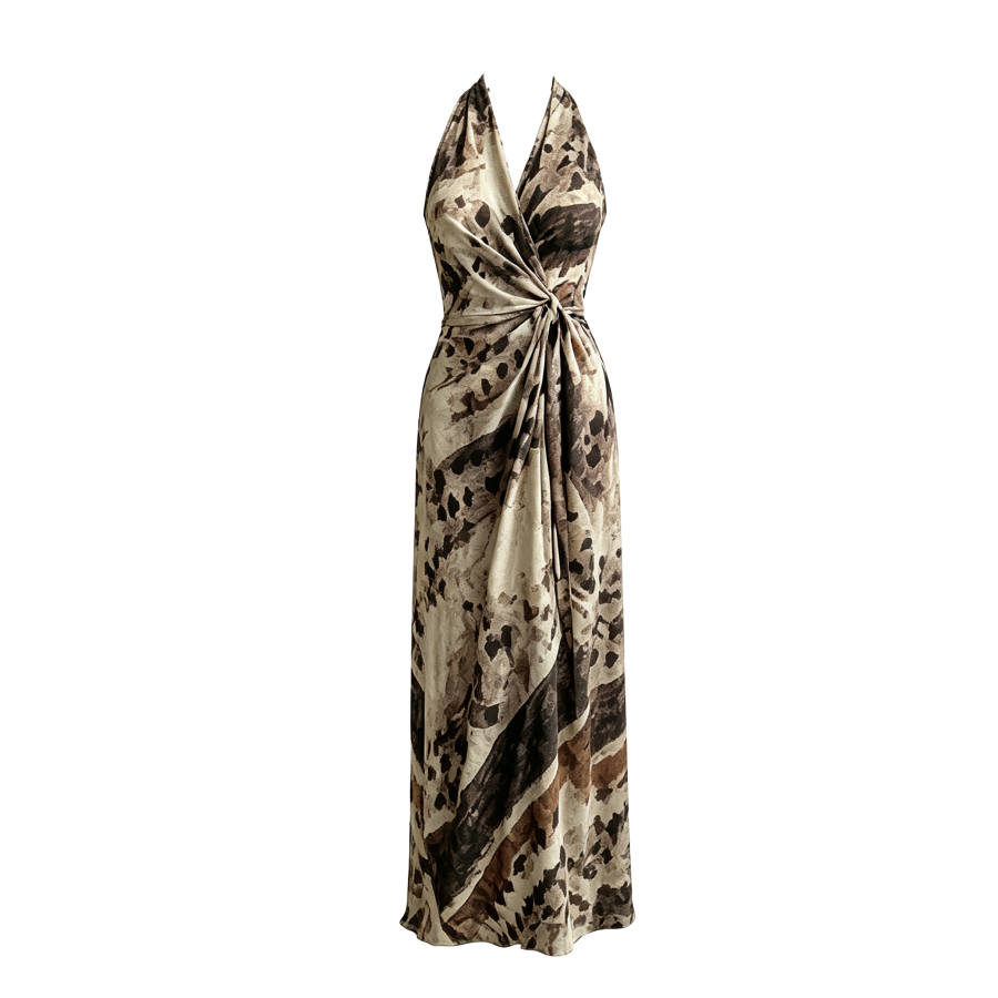 CPAURA Sleeveless Dresses Women's Coffee V Neck Moderate Long Skirt A Line Skirt
