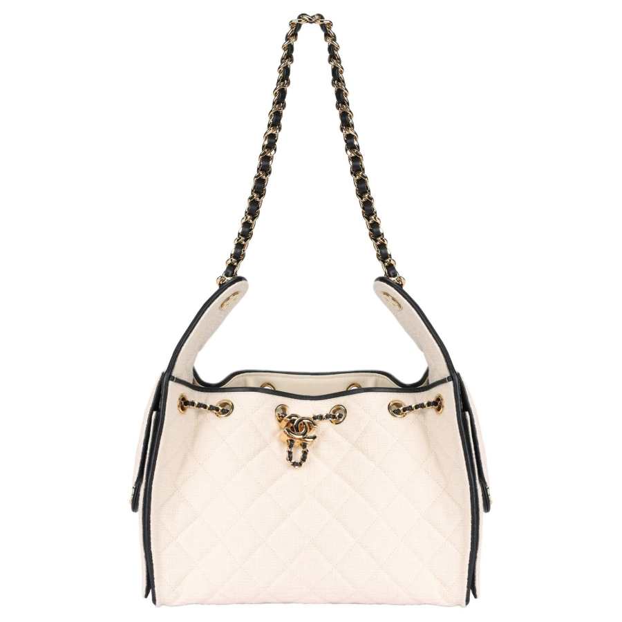 CHANEL 25Bag Canvas & Calfskin With Gold & Metal Hippy Bag Shoulder Bag Small Women's Beige