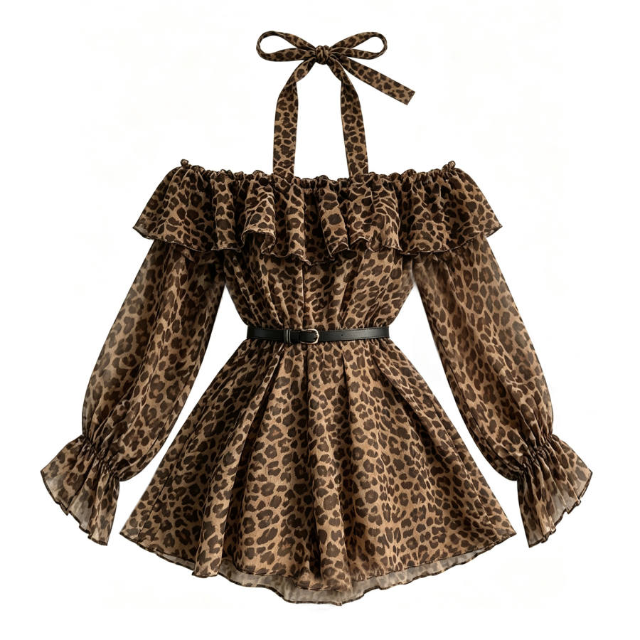 CPAURA Long Sleeved Dresses Women's Leopard Print Set Of 3 Boat Neck Moderate Short Skirt A Line Skirt