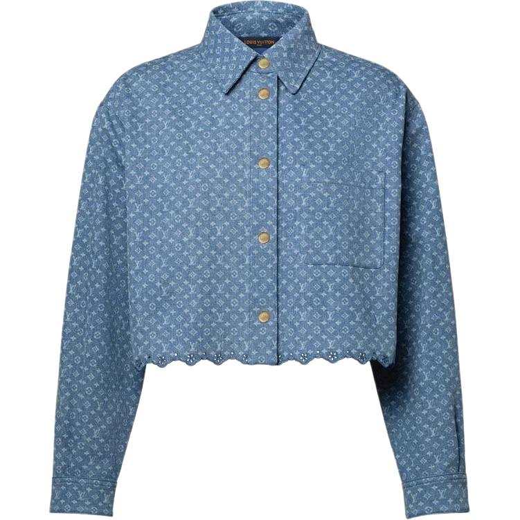 LOUIS VUITTON Monogram Shirts Women's Blue Lapel Moderate Straight Fit
