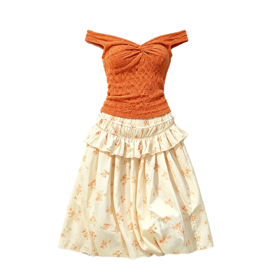 CPAURA Two Piece Skirt Sets Women's Strapless Top Moderate Midi Skirt
