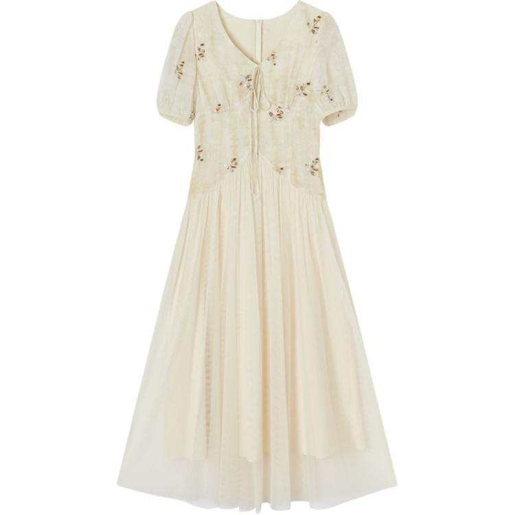 XIANGYING Short Sleeved Dresses Women's Apricot V Neck Moderate Long Skirt