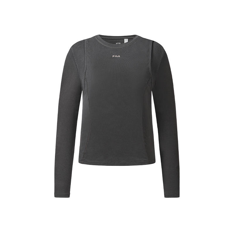 FILA Fitness T Shirts Women's Carbon Black Gray Crew Neck Moderate Nipped In Waist