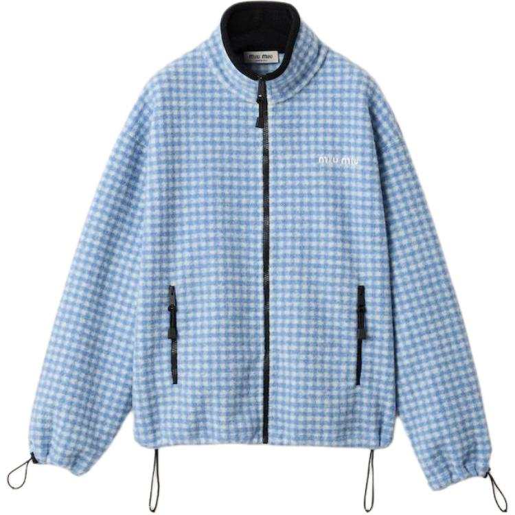 MIU MIU Velvet Jackets Women's White & Light Blue Stand Collar Moderate Straight Fit