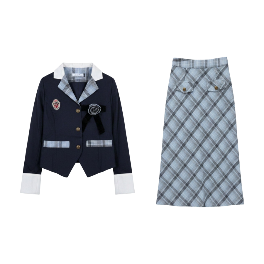 FINDSME GAGA Two Piece Skirt Sets Women's Blue+Light Blue Suit Collar Moderate Mid Length
