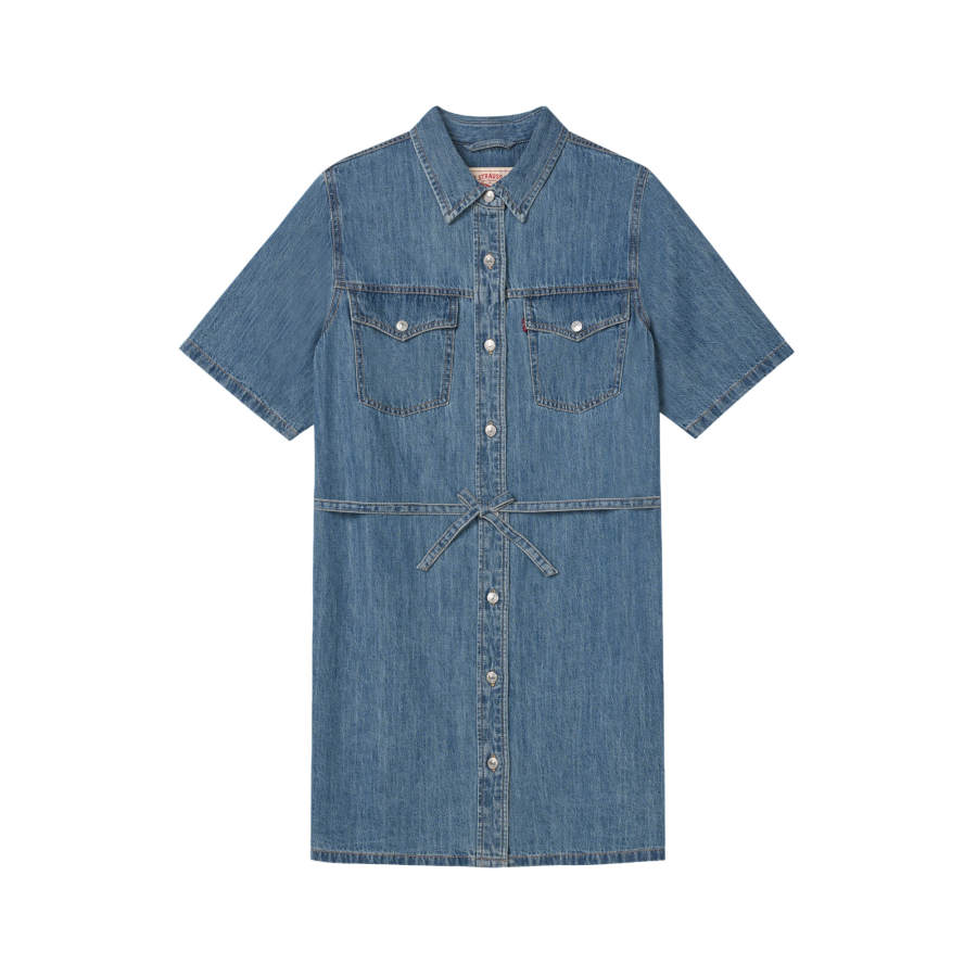 Levis Short Sleeved Dresses Women's Medium Blue Lapel Moderate Midi Dress Other