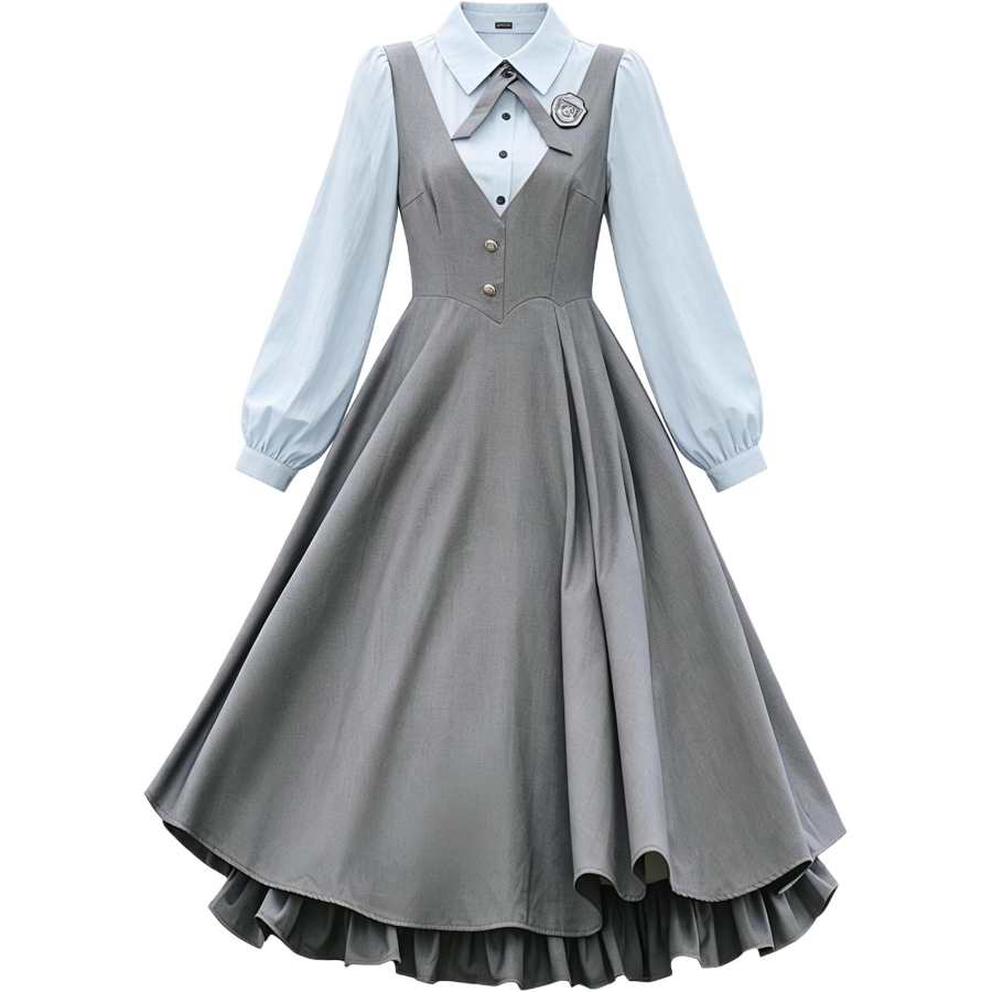CHARM GLOW Long Sleeved Dresses Women's Gray Polo Collar Moderate Long Skirt A Line Skirt