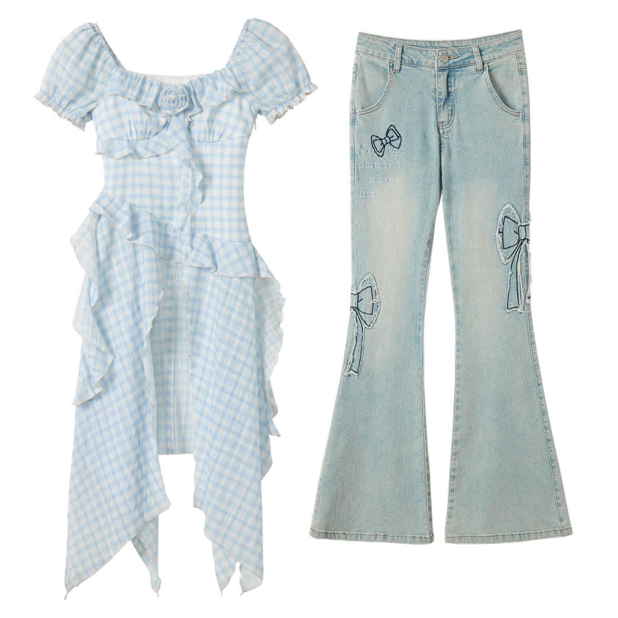 FABRIC PIG Casual Suits Women's Blue Dress+Jeans Square Collar Thin