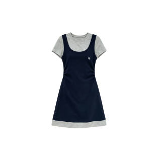 TUSHIFEI Short Sleeved Dresses Women's Navy Blue Short Crew Neck Moderate Short Skirt A Line Skirt
