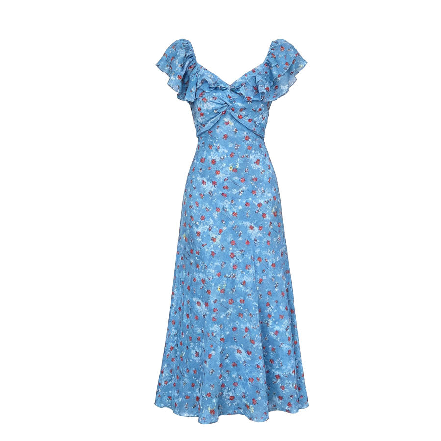CPAURA Short Sleeved Dresses Women's Blue V Neck Moderate Long Skirt Other