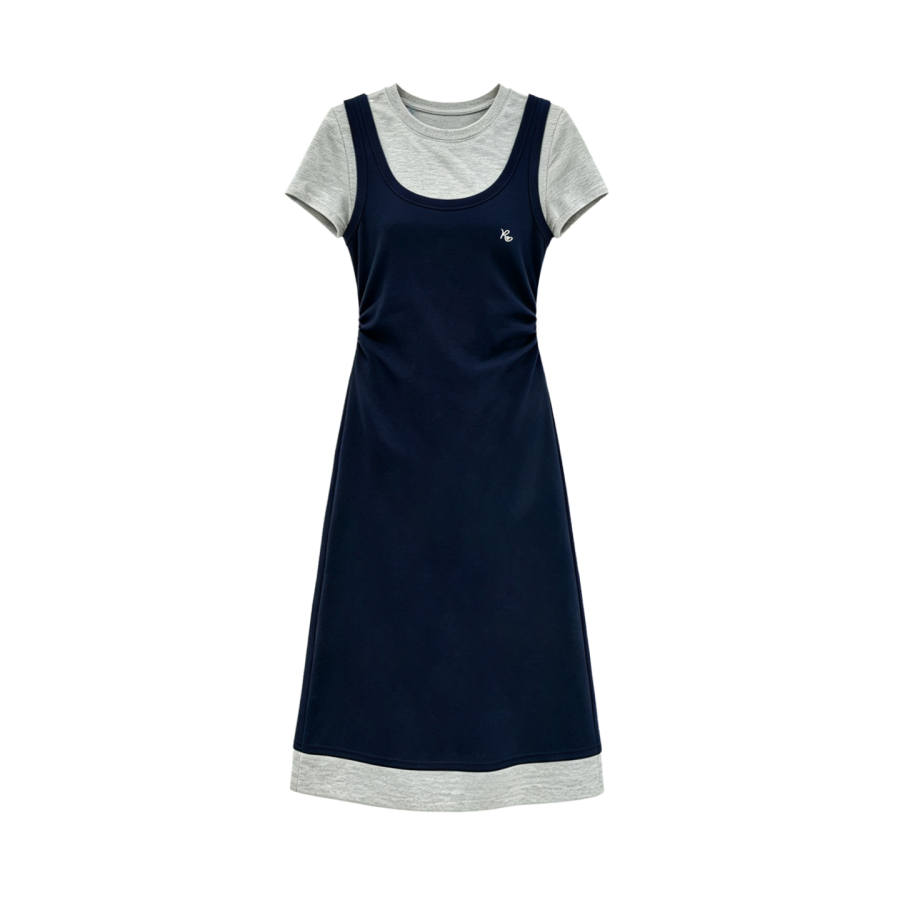 TUSHIFEI Short Sleeved Dresses Women's Navy Blue Long Crew Neck Moderate Long Skirt A Line Skirt