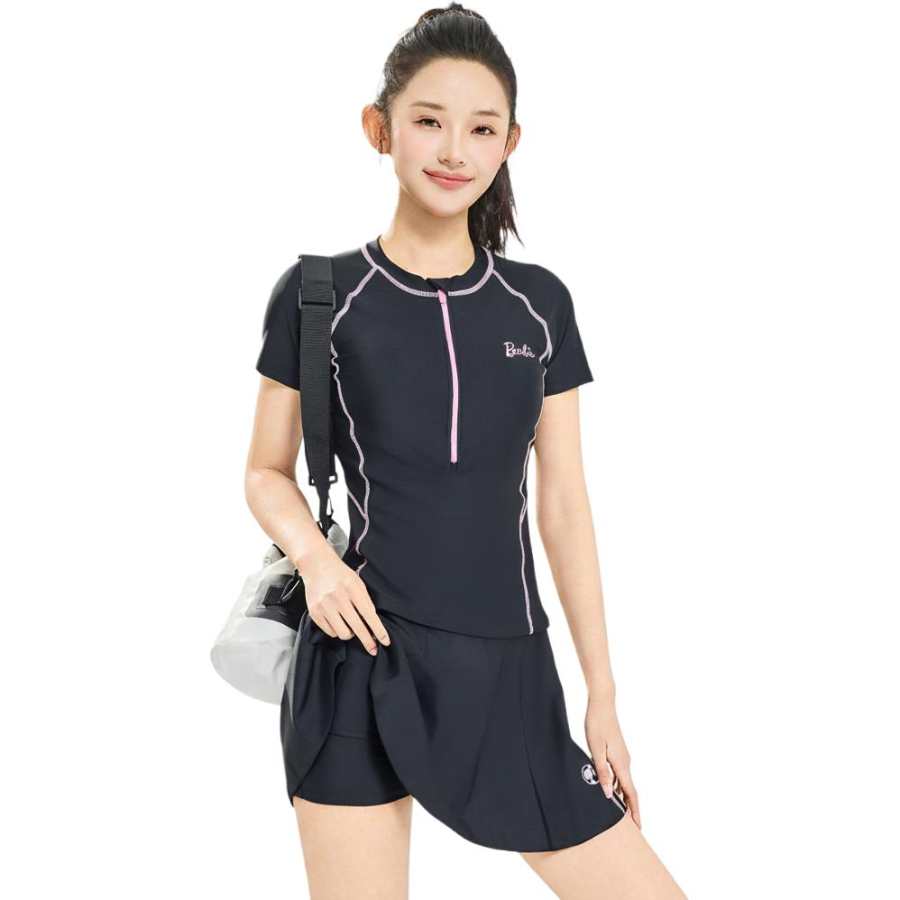 Barbie Two Piece Swimsuits Women's Black Half Open Collar Moderate Short Skirt Two Piece Swimsuit